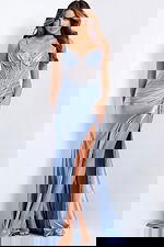 Beaded corset prom dress with satin skirt and high slit