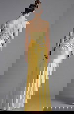 yellow satin dress with beaded corset bodice