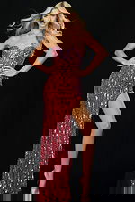 Fitted sequin evening gown featuring strapless bodice and sparkling design