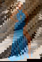 Front view of halter keyhole gown with ruched waist and slit