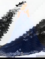 Navy blue ball gown with silver embroidery and tiara