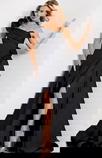 One shoulder black evening gown with floral side detail