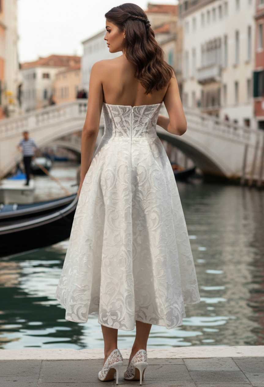 Strapless Mid Length Jacquard Bridal Dress 48460 | Jovani