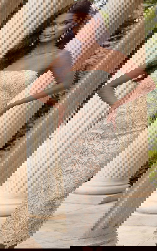 Back view of strapless lace dress with center slit and clean finish