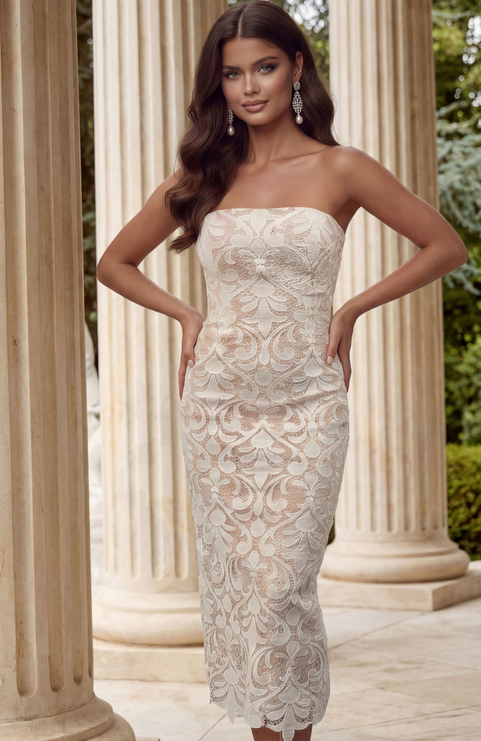 48461-1 Back view of strapless lace dress with center slit and clean finish