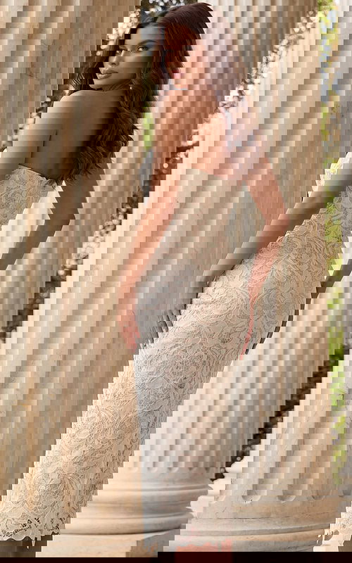 Strapless lace midi dress with fitted silhouette front view