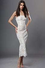 strapless lace midi dress with fitted silhouette