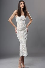 strapless lace midi dress with fitted silhouette
