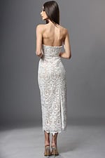 strapless lace midi dress with fitted silhouette