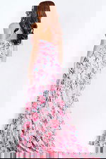 Pink chiffon gown with ruched waist and floral print