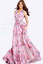 Floral halter prom dress with high slit