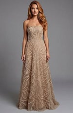 Strapless beaded gown with flowing silhouette and detailed texture