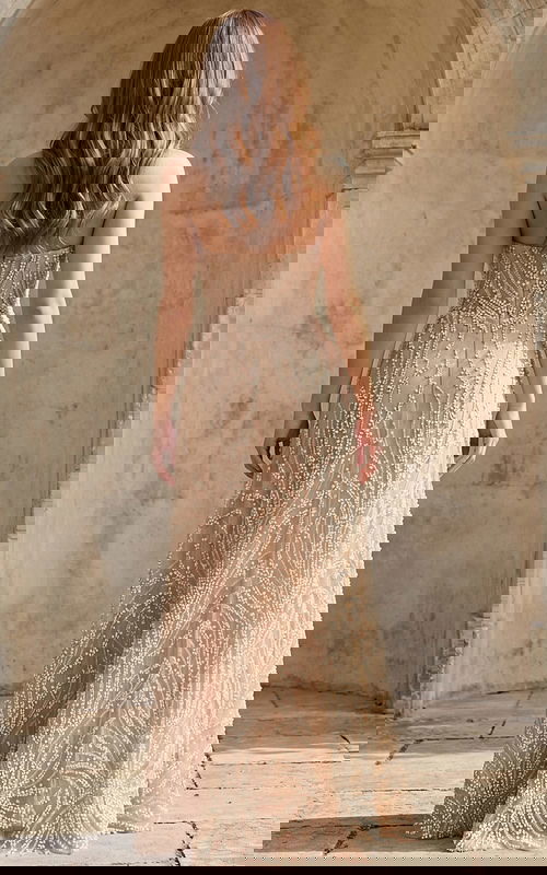 Back view of bridal gown with sheer fabric and intricate beadwork