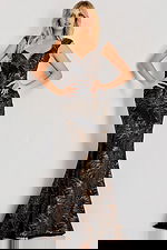 Cap sleeve metallic gown with gold leaf pattern, sweetheart neckline, and fitted trumpet silhouette for an elegant evening look.