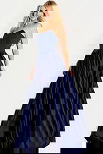 Strapless satin ball gown featuring a fitted bodice and full gathered skirt with elegant sheen.