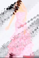 Strapless pink floral prom dress with ruched bodice and tiered ruffled skirt