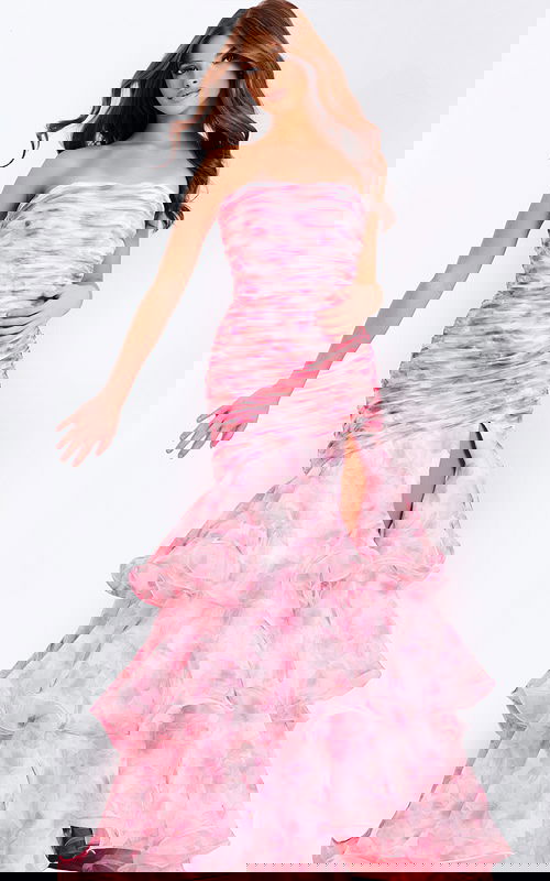 Strapless pink floral prom dress with ruched bodice and tiered ruffled skirt