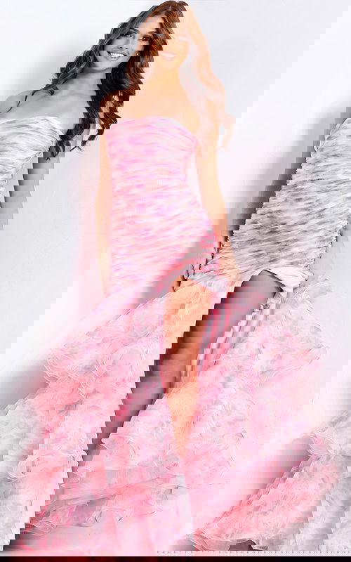 Elegant strapless floral print prom gown with high slit and cascading ruffles