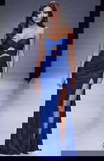 Strapless fitted gown with subtle sparkle, twisted bodice cutout detail, and a thigh high slit creating a sleek, flattering silhouette