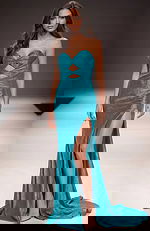 strapless aqua high slit dress