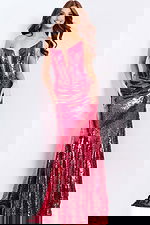 Hot pink strapless sequin prom dress with deep neckline