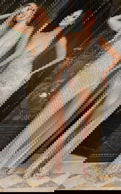 Matching gold sequin prom gowns featuring thigh-high slits and fringe details