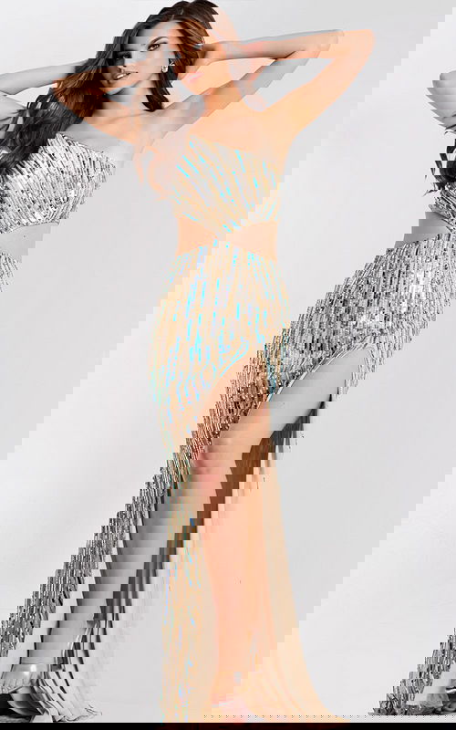 Glamorous metallic beaded prom dress