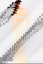 Blue and gold beaded prom gown with slit