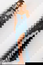 teal embellished dress with high slit 48552