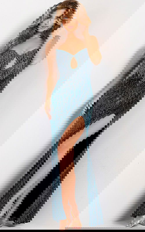 teal embellished dress with high slit 48552