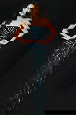 Strapless sequin gown with linear beading and sleek fit