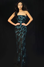 Strapless sequin gown with linear beading and sleek fit