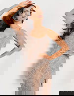 Scoop neckline gown with shimmering bead embellishments