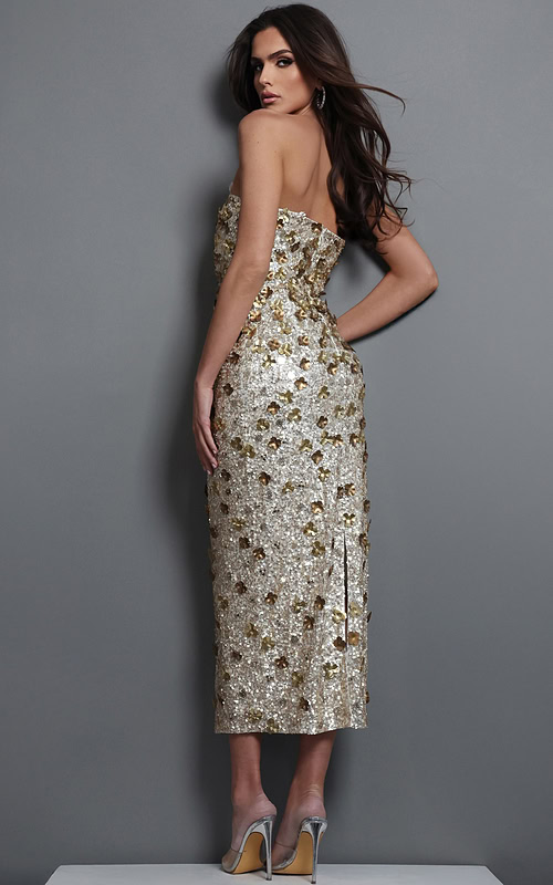 gold sheath midi dress with strapless sequin 3d floral applique