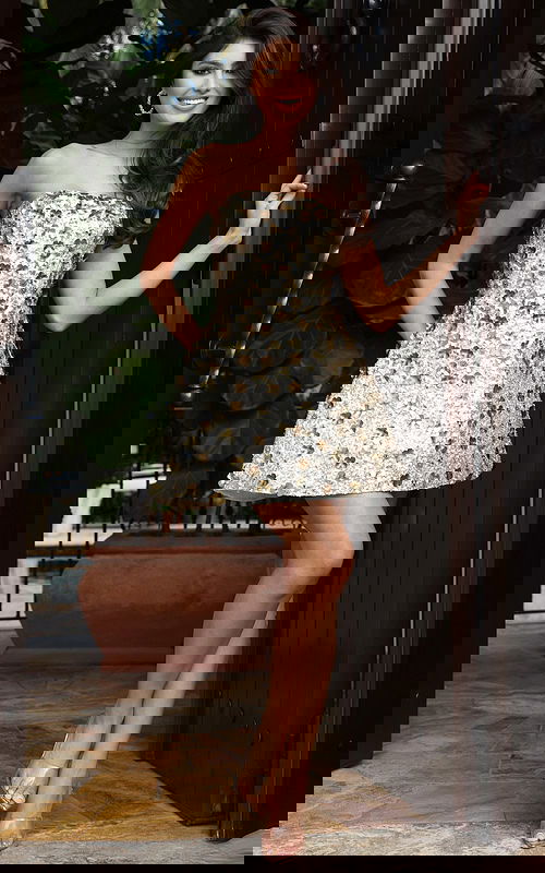 Jovani 48586 ivory gold strapless short A line dress with 3D floral appliques, sequin embellishments, and a flared mini skirt