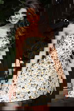 Jovani 48586 ivory gold strapless short A line dress close up showing 3D gold floral appliques with silver sequin and crystal embellishments throughout