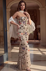 Strapless floor-length mermaid gown featuring champagne sequins and multi-colored 3D floral embroidery.
