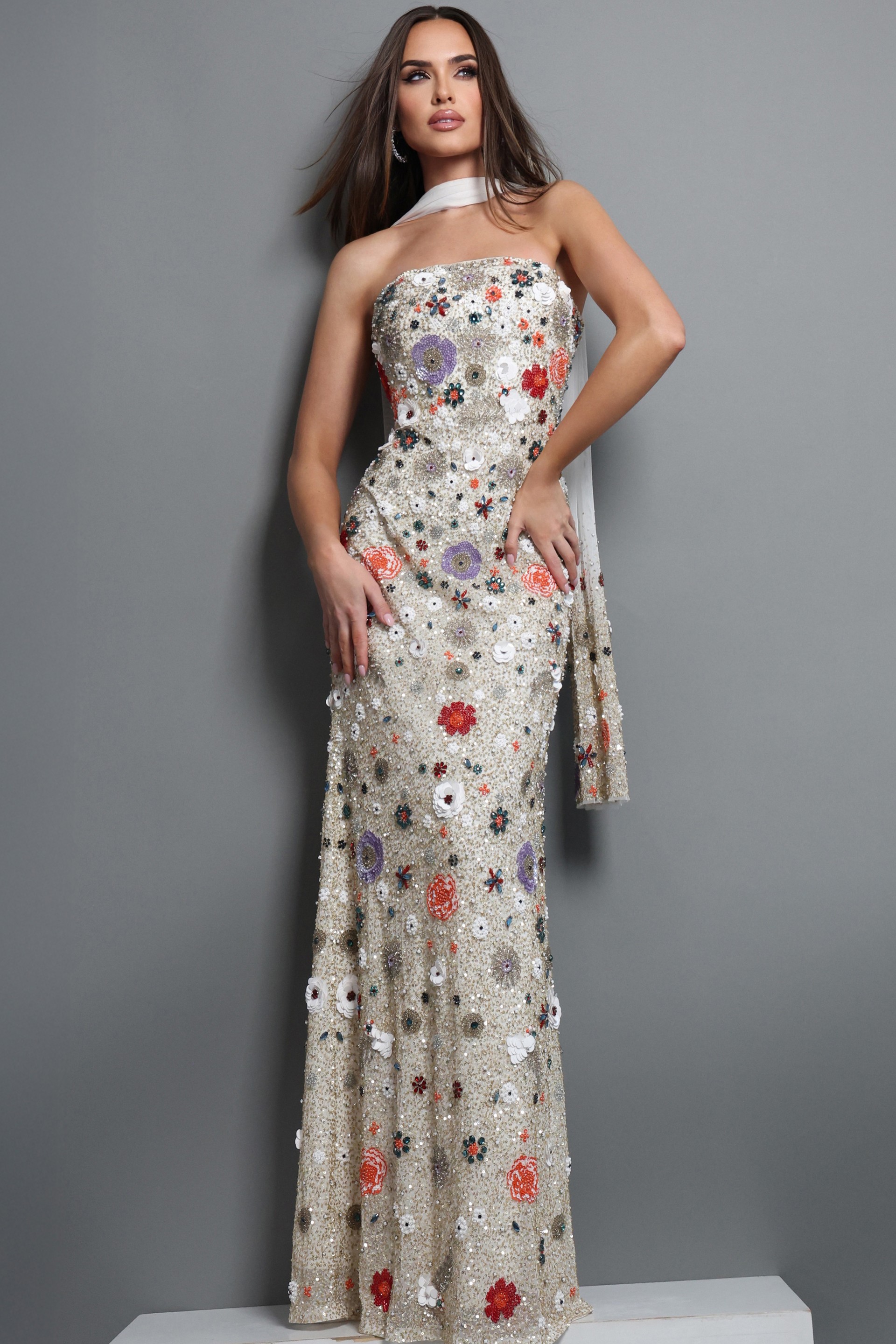 48587_2 strapless floral embroidered sequin mermaid gown