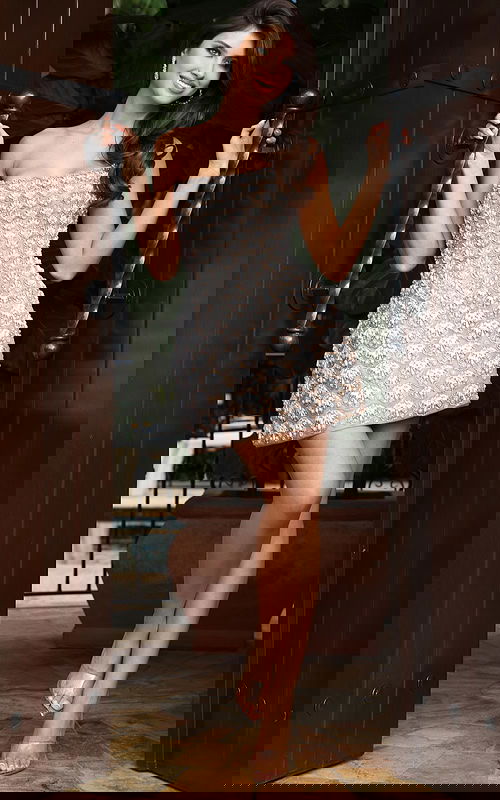 Jovani 48592 nude ivory strapless short A line dress fully covered in scalloped crystal and pearl fan shaped embellishments