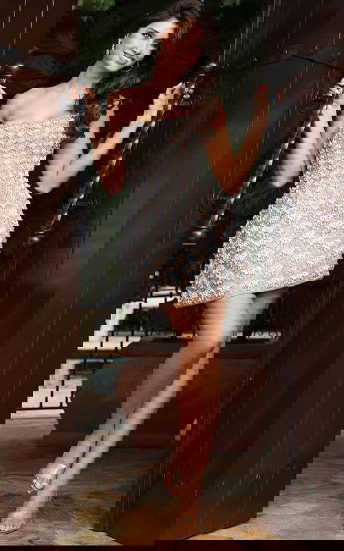 Jovani 48592 nude ivory strapless short A line dress fully covered in scalloped crystal and pearl fan shaped embellishments