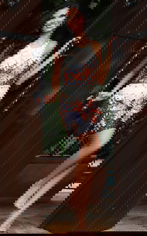 Jovani 48597 ivory halter neck two piece short dress with multicolor mosaic tile beaded floral pattern in coral, blue, gold, and navy tones