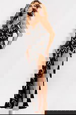 front of high slit black gold dress