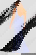 Plus Size Navy Sequin Gown with Deep V-Neck and High Slit