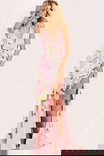 Elegant pink gown with high slit and floral beading