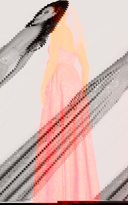 Strapless metallic jacquard gown with a fitted bodice and full A-line skirt accented by gold foil detailing.