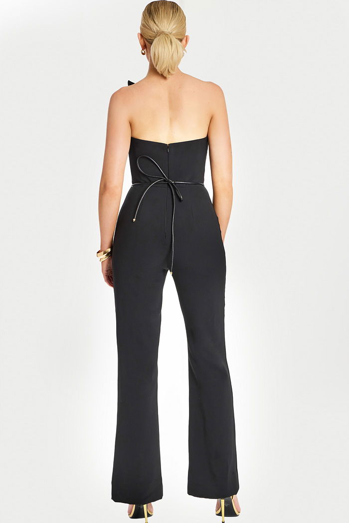 One Shoulder Black Jumpsuit With Gold Floral Belt 48659 Jovani