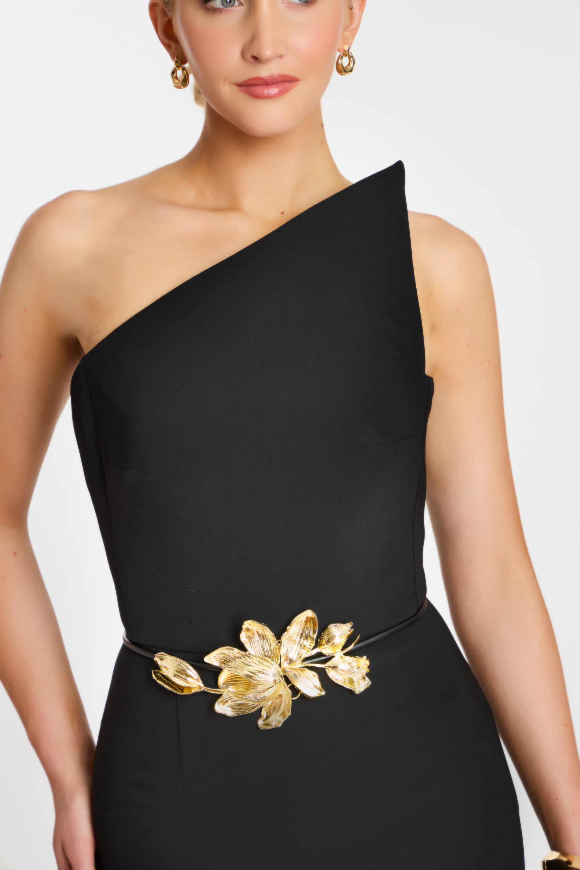 One Shoulder Black Jumpsuit With Gold Floral Belt 48659 | Jovani