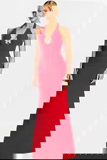 Front view of red halter evening gown with embellished bow detail