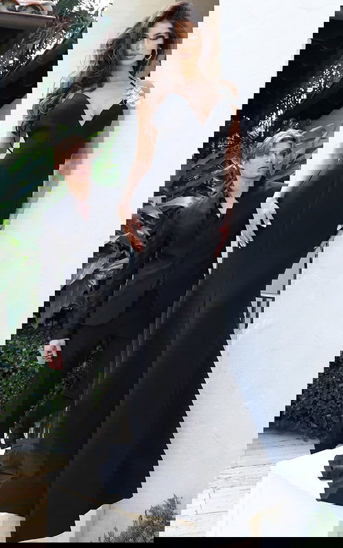 Jovani 48663 black deep V neck fitted mermaid gown with metallic floral embellished shoulder strap detail and sweep train