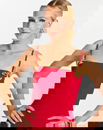 red fitted dress with floral straps 48664